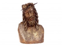 Statue buste bois sculpté polychrome Christ couronne épines XIVè XVè siècle