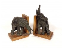 Paire serre-livres sculptures éléphants Ary Bitter bronze Art Déco XXème