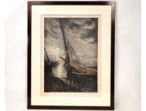 Etching engraving marine landscape boat fisherman Britain A.Lafitte 20th