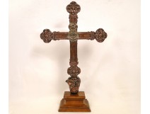 Cross embossed copper cherubs procession Jesus Virgin Mary 17th