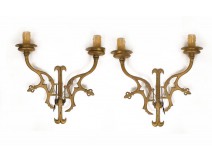 pair of gilt bronze sconces Gothic Fleurs de Lys 19th