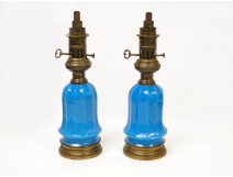 Pair of brass oil lamps and blue opaline 19th
