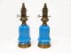 Pair of brass oil lamps and blue opaline 19th