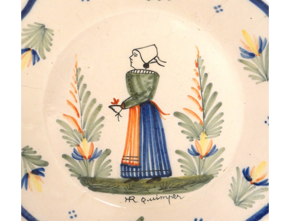 Ancienne assiette décor fleurs, Quimper Blanc/Bleu Céramique Floral,Végétal