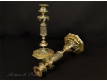 Pair of gilt bronze candlesticks 19th Gothic Viollet le Duc