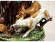 Majolica pot or tobacco Barbotine Sarreguemines with hunting dogs and rabbits, signed Majolica, nineteenth