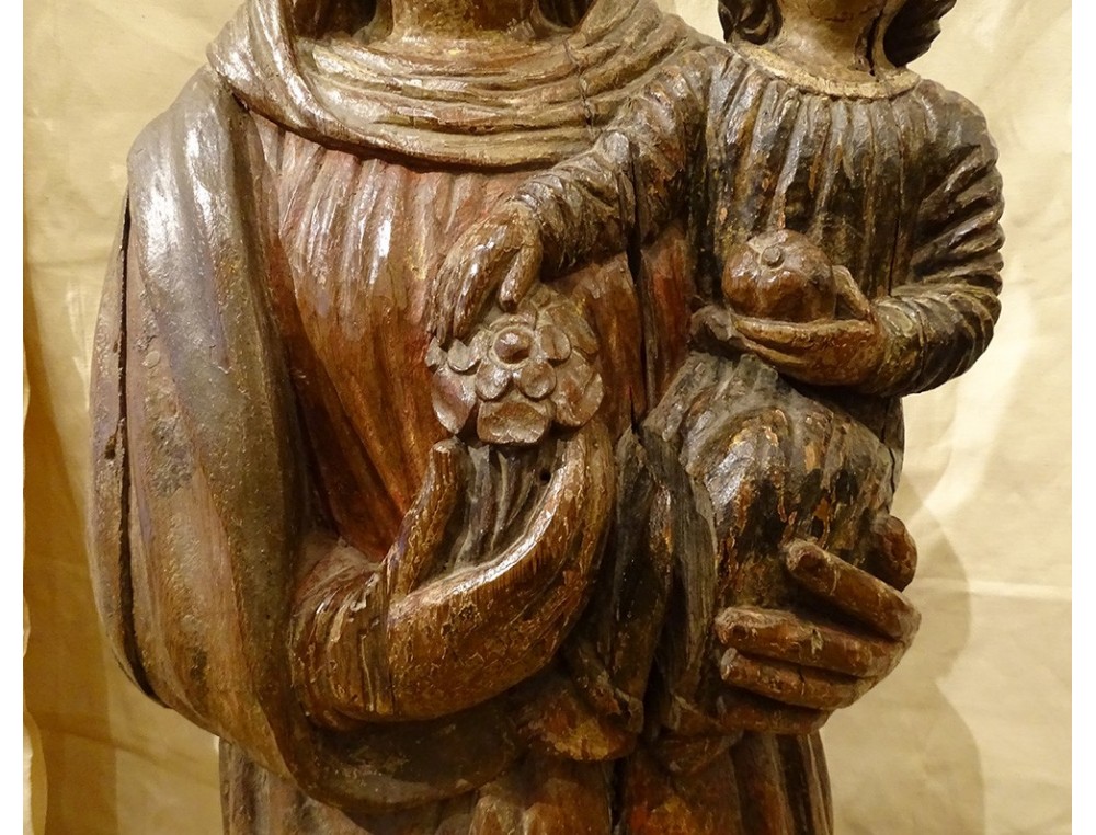 Sculpture Ancienne Vierge à L'Enfant En Bois Du XIXème Siècle - Pièce Religieuse Vintage En Bon état