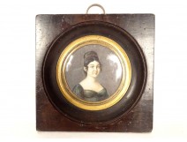 Miniature peinte portrait femme robe peigne diadème perles Ier Empire XIXè