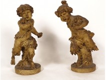 Pair sculptures Clodion statues Young Satyrs nest terracotta owls 19th century