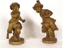 Paire sculptures statues Clodion Jeunes Satyres nid hiboux terre cuite XIXè