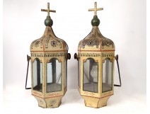 Pair of processional lanterns painted metal cross flowers XIXth century