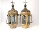 Pair of processional lanterns painted metal cross flowers XIXth century