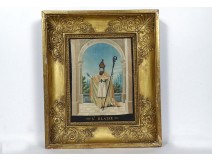Tableau Saint Blaise broderie soie fils or argent cadre doré Empire XIXème