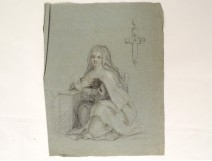Dessin portrait jeune fille communiante hostie crucifix croix IHS XIXème