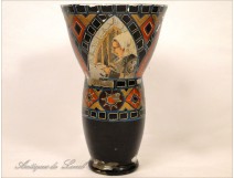 Enamel glass vase Quimper Breton P.Fouillen 20th