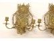 Paire appliques 3 feux bronze Louis XIV Armes France fleurs lys putti XIXè
