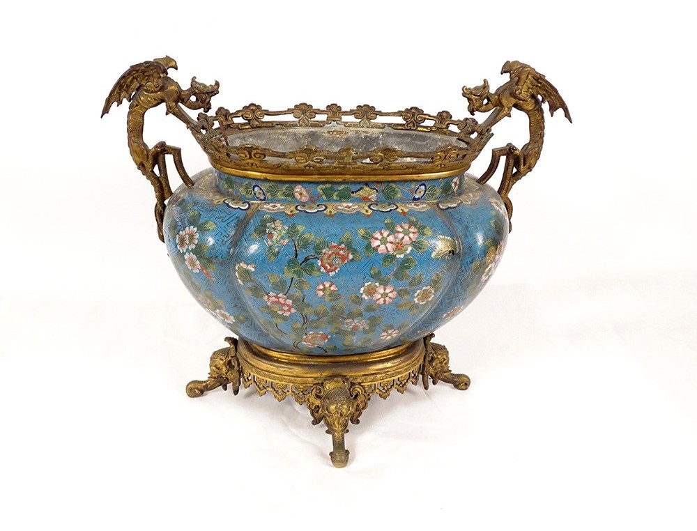 Grande jardinière bronze doré cloisonné Chine chimères éléphants NapIII 19è