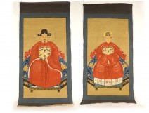 Paire peintures Chine portraits couple ancêtres dignitaire mandarin XIXème