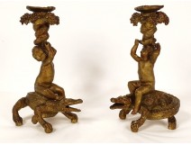 Pair of gilded bronze cherub candlesticks Crocodile Loves att. Picard 19th century