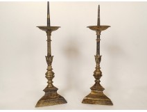 Paire pique-cierges chandeliers d'église bronze argenté XVIIIème siècle
