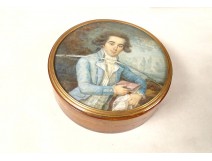 Boîte ronde miniature portrait gentilhomme lettré écaille blond fin XVIIIè