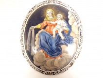 Emaux Limoges plaque ovale cuivre Madone Vierge Enfant Jésus XVIIIè siècle