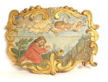 Panneau boiserie bois sculpté polychrome personnage prière angelot XVIIème