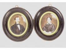 Paire miniatures peintes portrait couple notables Rougeot de Briel XIXème