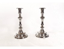Paire bougeoirs Régence flambeaux bronze argenté coquilles XVIIIème siècle