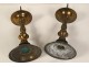 Paire pique-cierges bougeoirs chandeliers d'église bronze XVIIème siècle