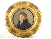 Miniature peinte portrait homme notable cadre rond doré monogramme XIXème