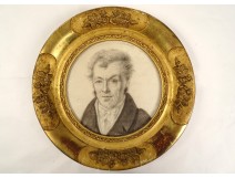 Miniature dessin portrait homme notable cadre rond doré fleurs XIXè siècle