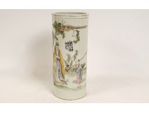 Grand pot à pinceaux porcelaine chinoise personnage sage jardin poème XXème
