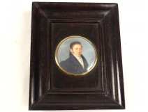 Miniature peinte portrait homme notable redingote cadre palissandre XIXème