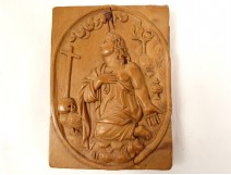 Sculpture bas-relief bois olivier Marie-Madeleine Pénitente Crâne Croix 19è