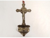 Bénitier d'applique argent massif Minerve Christ crucifix angelots XIXème