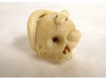 Okimono ivoire sculpté crâne Vanité serpent signé Sukeyuki Hida Meiji XIXè
