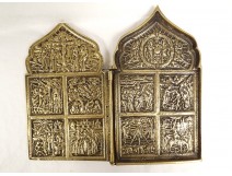 Diptych icon travel Russian Orthodox bronze episodes from the life of Christ 17th