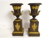 Paire cassolettes Empire vases Médicis bronze flambeau serpent laurier XIXè