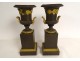 Paire cassolettes Empire vases Médicis bronze flambeau serpent laurier XIXè