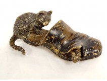 Petite sculpture bronze de Vienne polychrome chat souris soulier XIXème