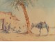 Pair of Orientalist Paintings with desert landscape and camel caravan, nineteenth