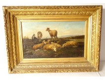 Grande HST tableau Valère Verheust troupeau moutons chien école belge XIXè