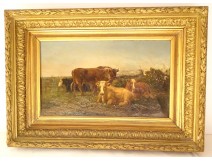 Grande HST tableau Valère Verheust troupeau moutons chien école belge XIXè