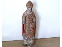 Sculpture statue bois sculpté polychrome Saint évêque mitre XVIIème siècle