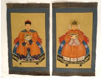 Paire petites peintures Chine portraits couple ancêtres dignitaire XIXème