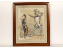 Dessin humoristique femme masquée Arlequin gentleman redingote 1845 XIXème