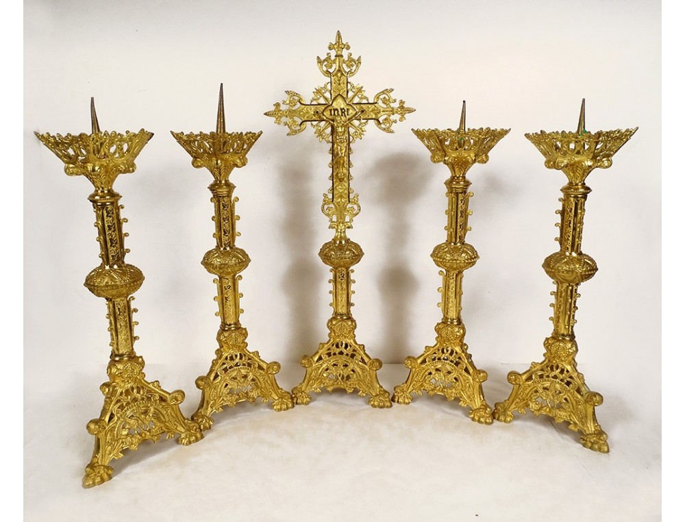 Altar set 4 candlesticks cross crucifix brass neo-gothic XIXth