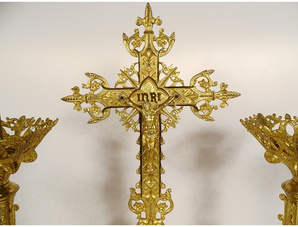 Altar set 4 candlesticks cross crucifix brass neo-gothic XIXth
