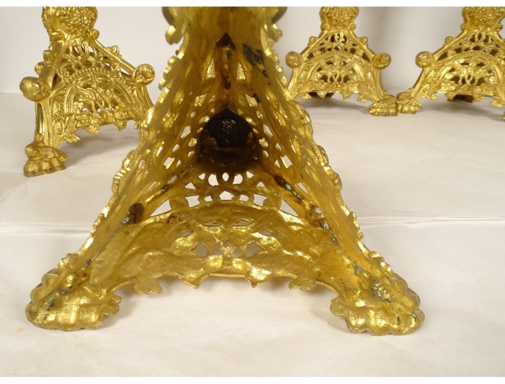 Altar set 4 candlesticks cross crucifix brass neo-gothic XIXth